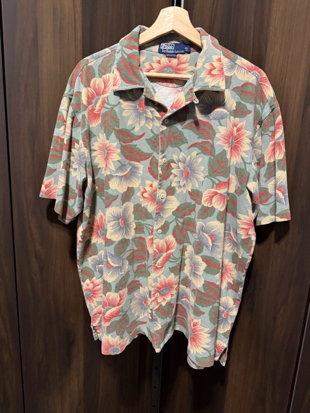 Vintage Men's Polo Ralph Lauren S/S Green Floral Print Button Pique Shirt Sz XL